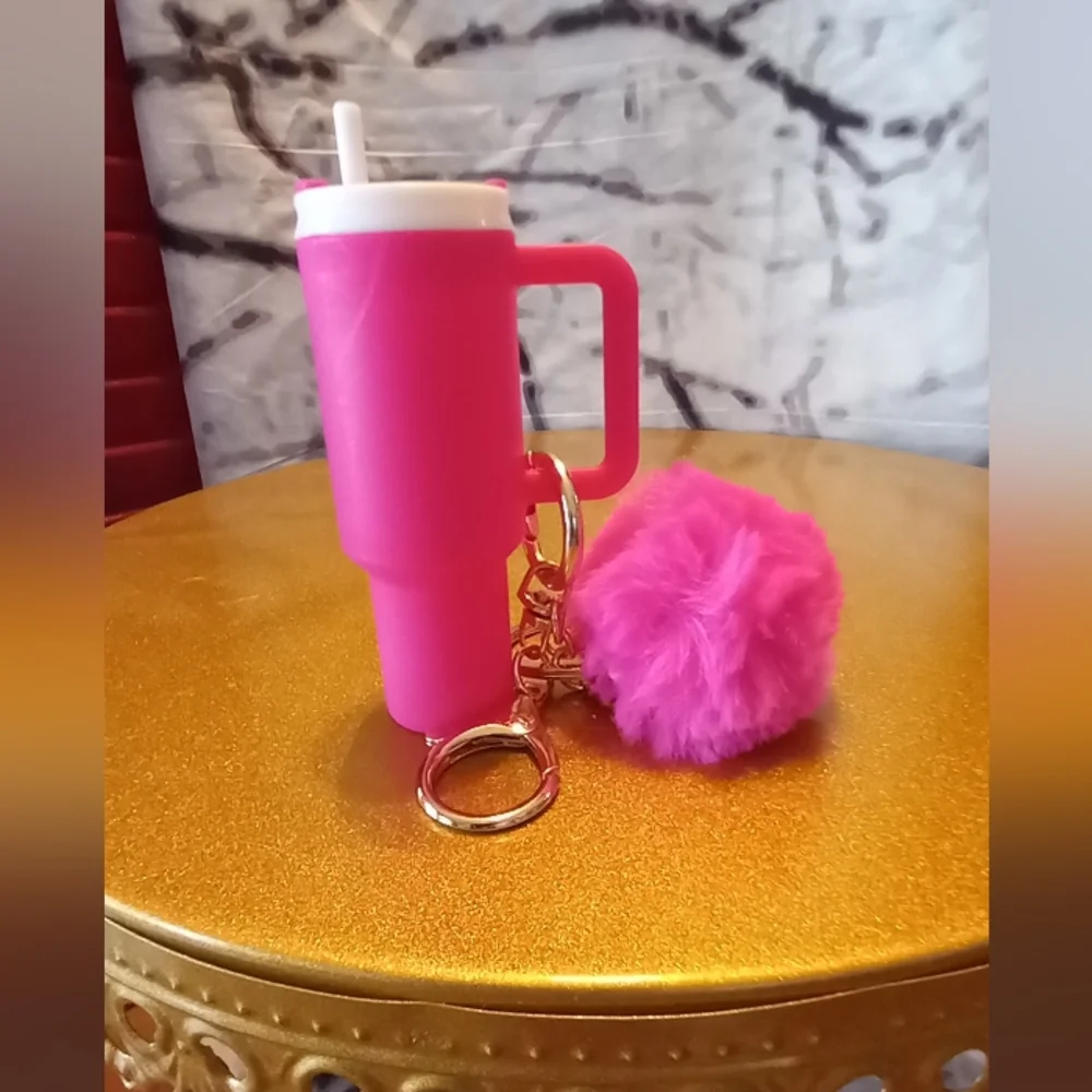 Pink Mini Tumbler Keychain Bag Charm with Pom Pom